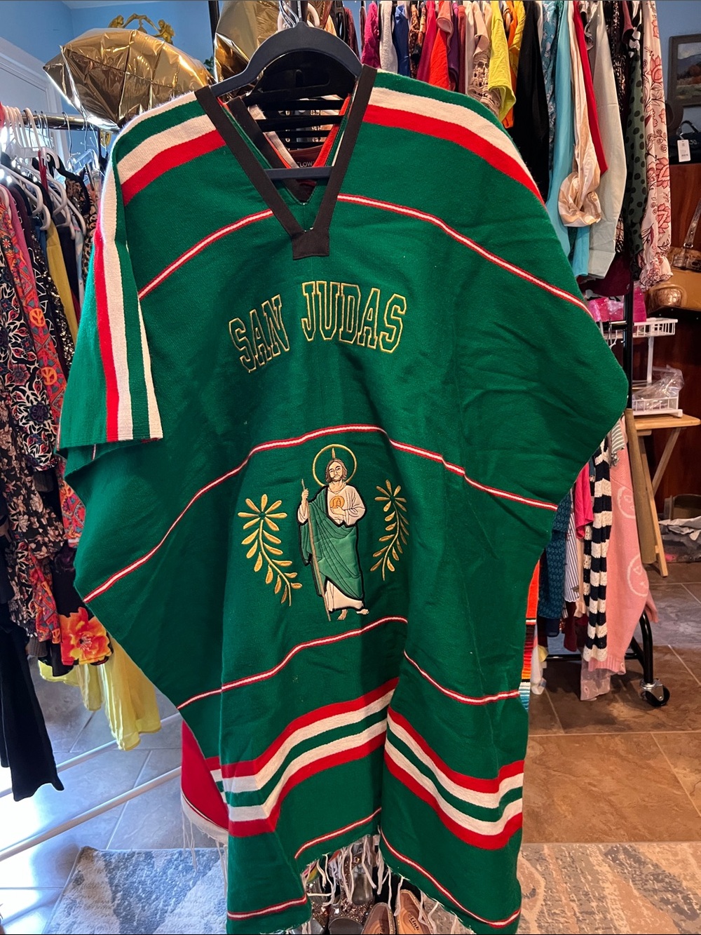 San Judas Green Serape Top with Embroidered Saint Motif